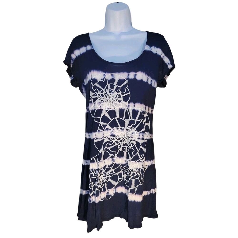Cache Women's Y2K Tie Dye Tunic Top Navy Embellished Sz L Fairycore Coastal